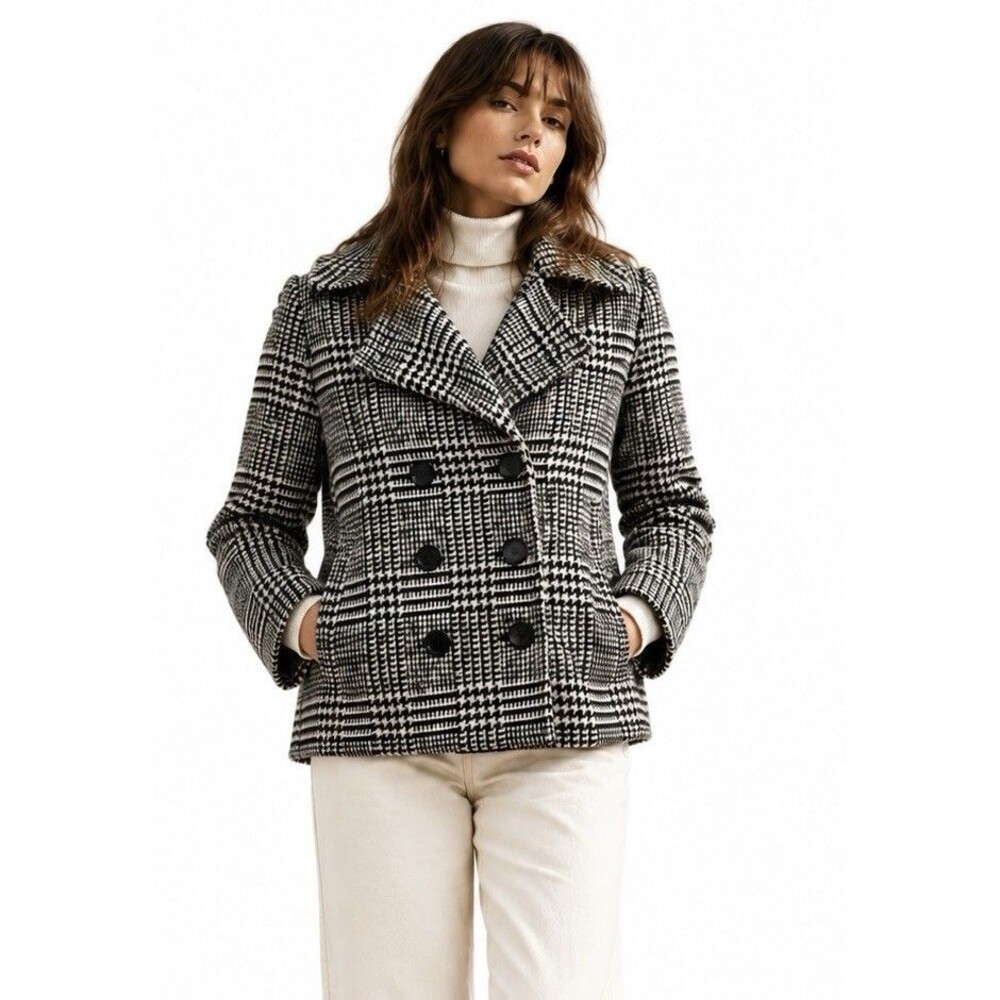 Banana Republic Wool Houndstooth Double Breasted Peacoat Jacket Black White 12